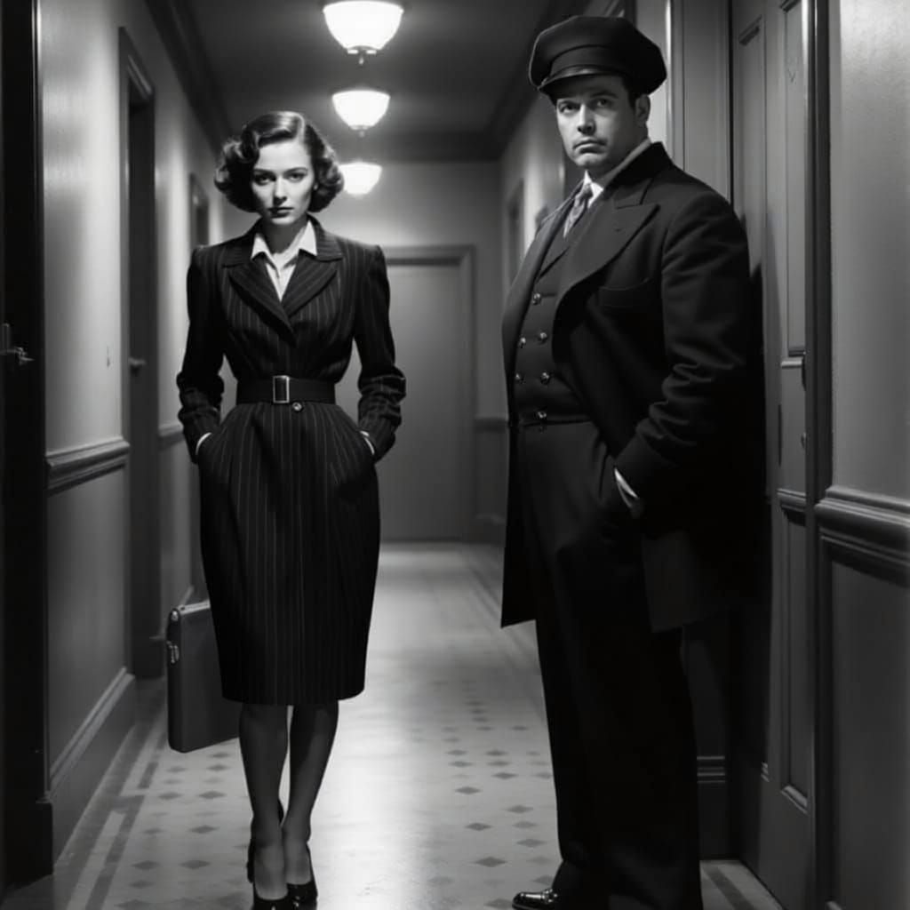<lora:1930s noir:1.0> It is the 1930s. Two people are standing in the hallway of a 1930s office building. The woman is sophisticated and qui...