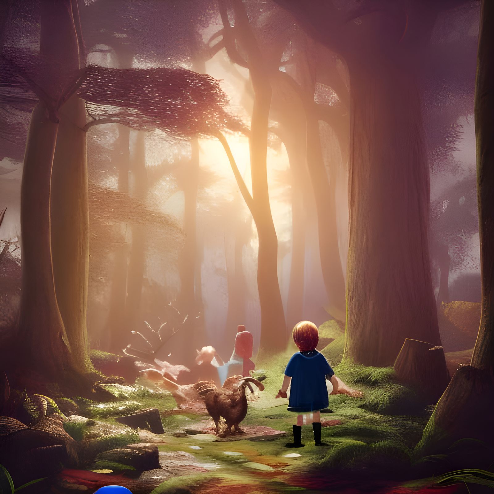 hansel and gretel small figures drop breadcrumbs in forest near house