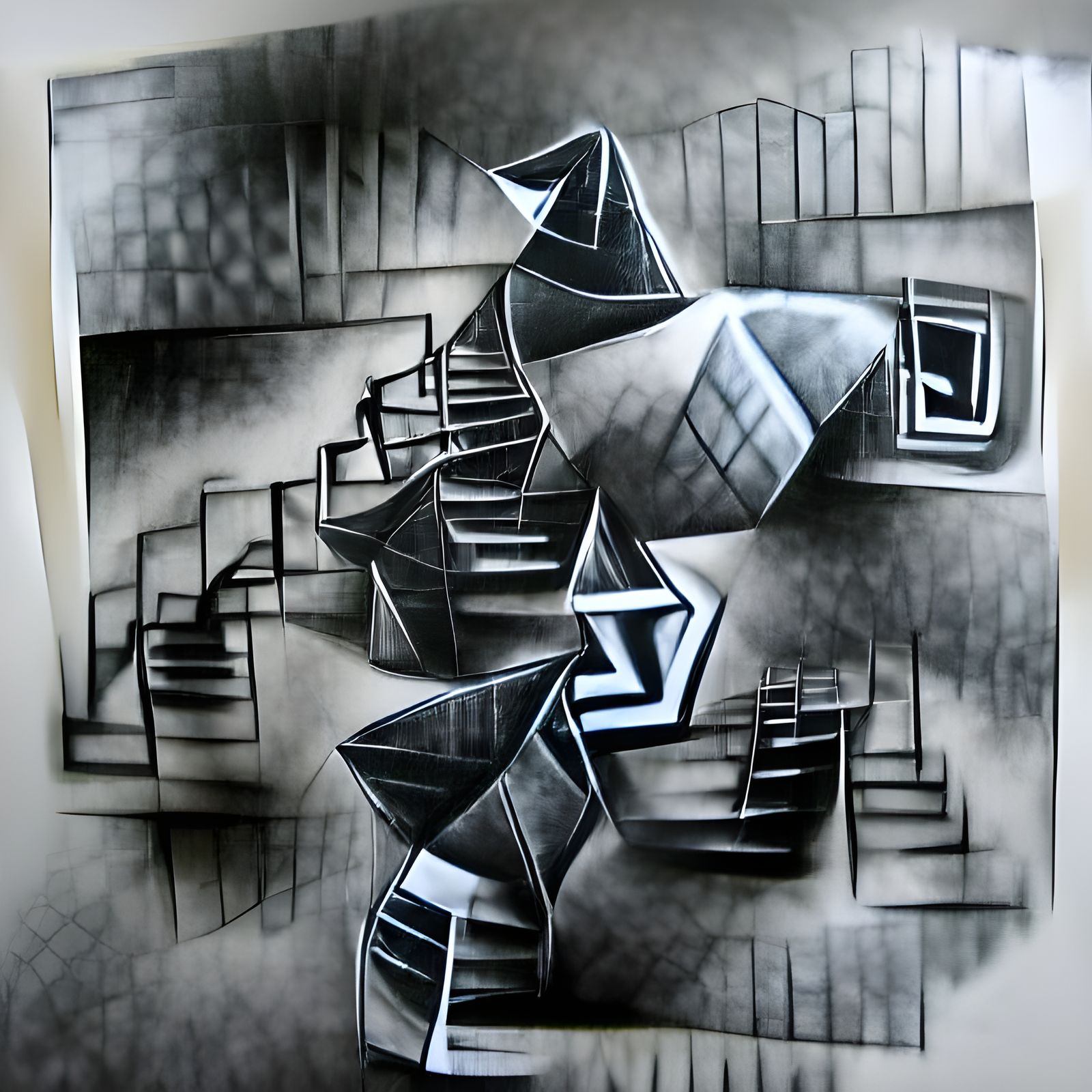Confusing staircases going all directions 
black and white g...