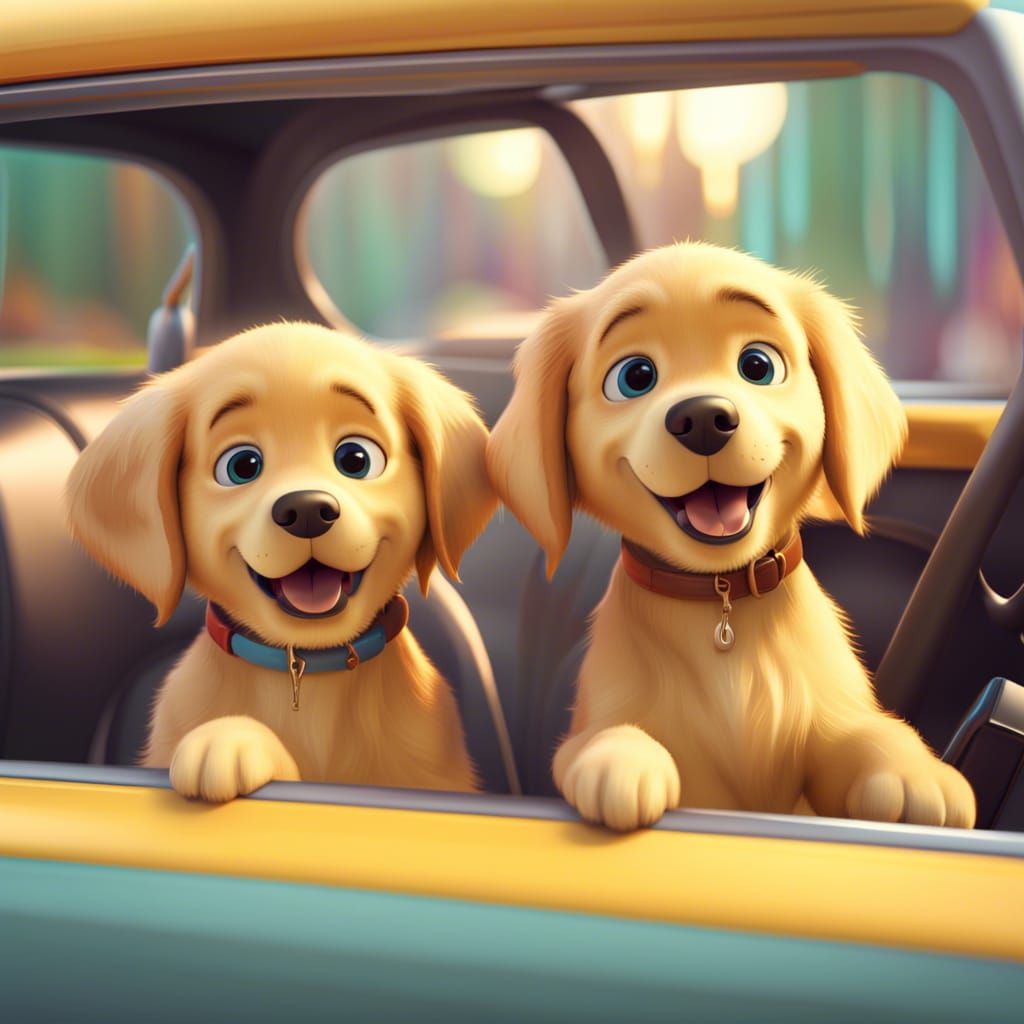 Golden Retriever Puppies Driving a Car: 3D Digital Art