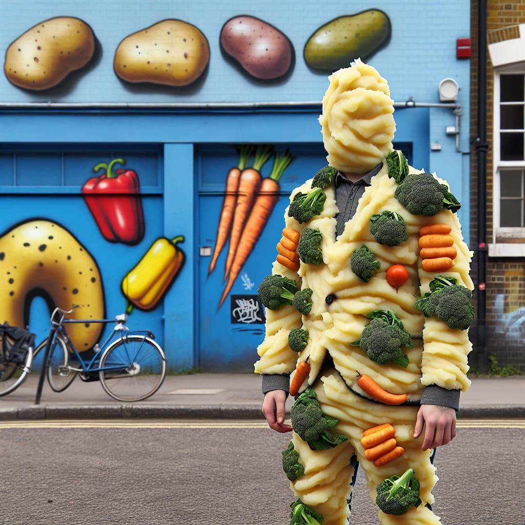 A young boy wearing a Mash potato suit with vegetables insan...
