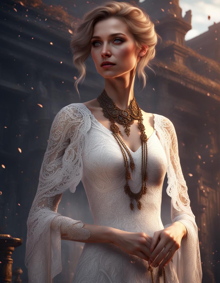 A beautiful woman in a white lace dress and a scarf, detaile...