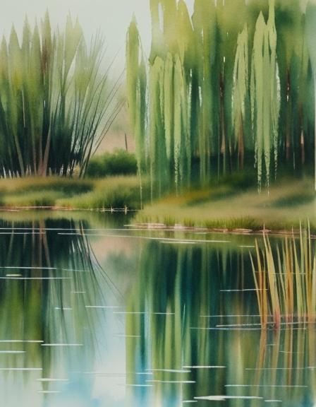 Reflections in Water, spreading green willow tree reflected ...