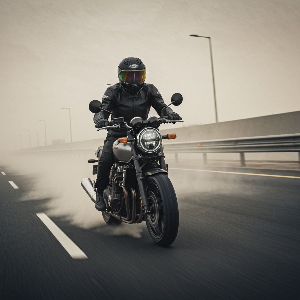 A man in RST leathers & a full face tinted helmet on a Honda CB1100RS speeding down the Jebel Ali Freeway during a sandstorm