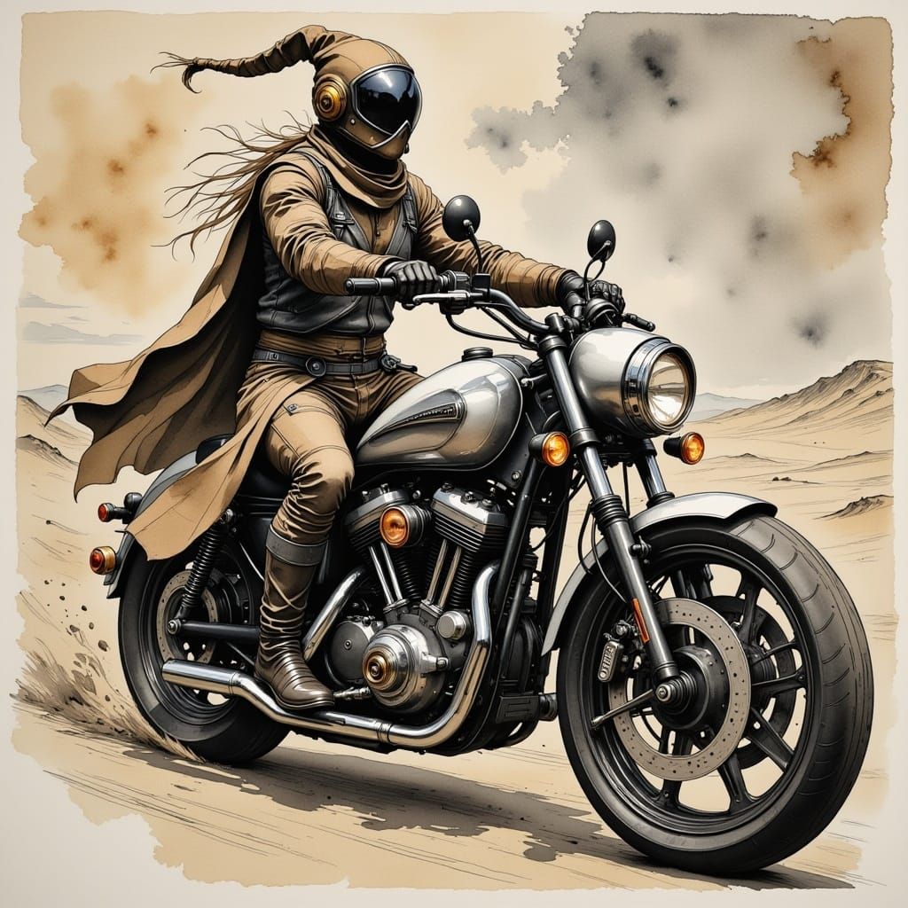 A wizard riding a futuristic motorcycle. <lora:Caffeine Fuelled II:1.0> 
