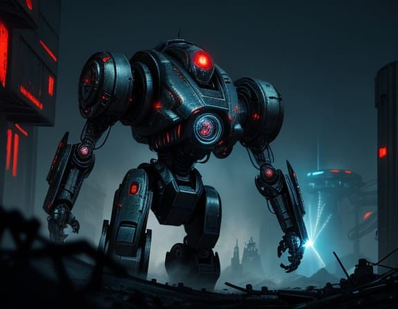 Robotic Creature Aims Laser Gun in Industrial Wasteland