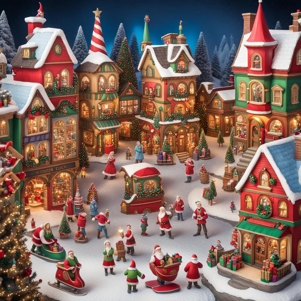 Classic Christmas village with Santa's workshop and stores with windows ...