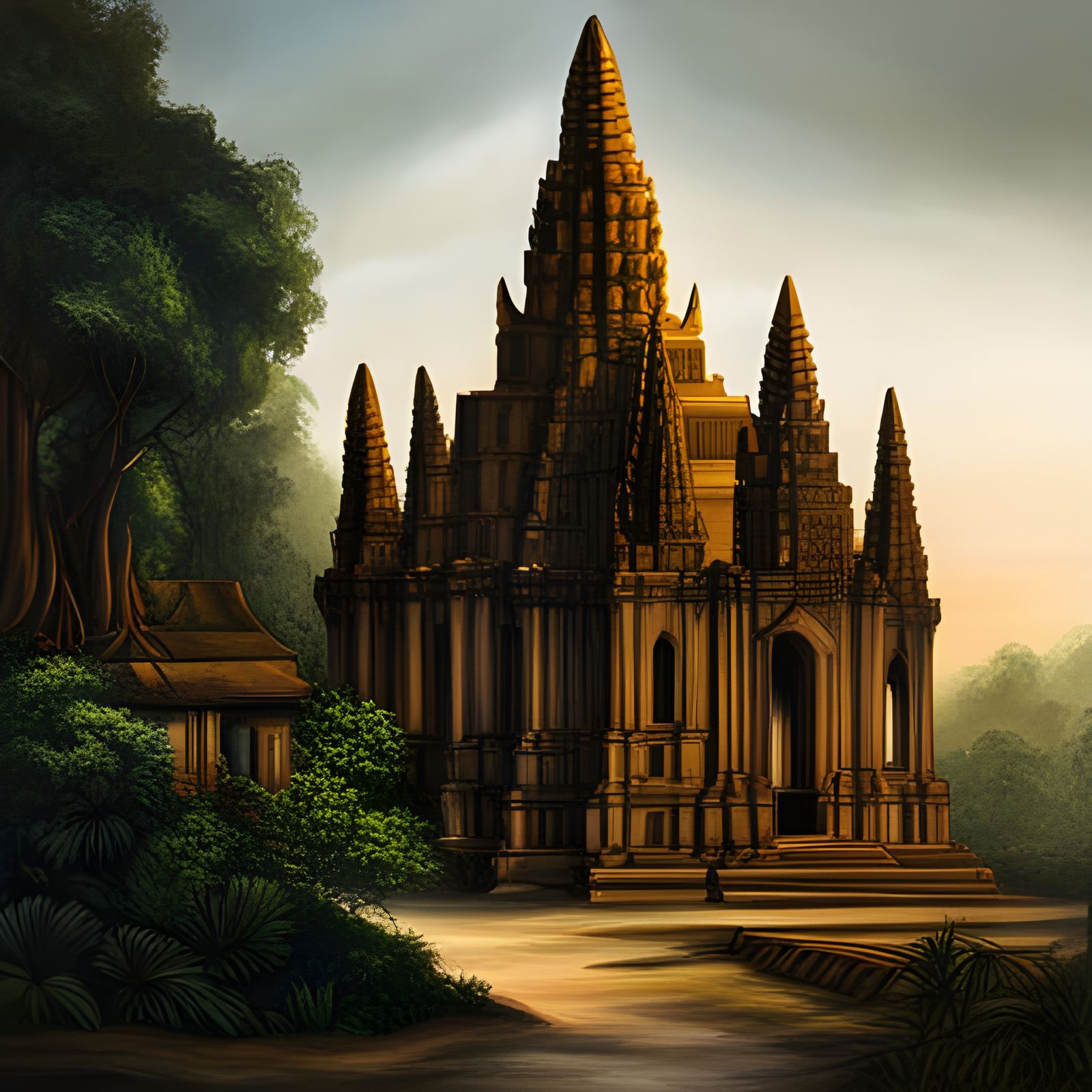 the Cambodian temple Angkor Wat, mysterious, oil on canvas, ...