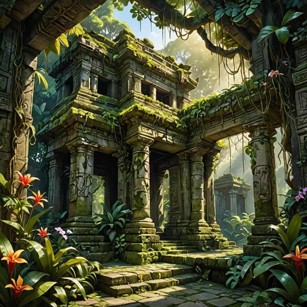 a rennaissance oil painting of an overgrown ruin of an ancient temple lies in the shadow of magnificent very floral forest, with exotic flow...