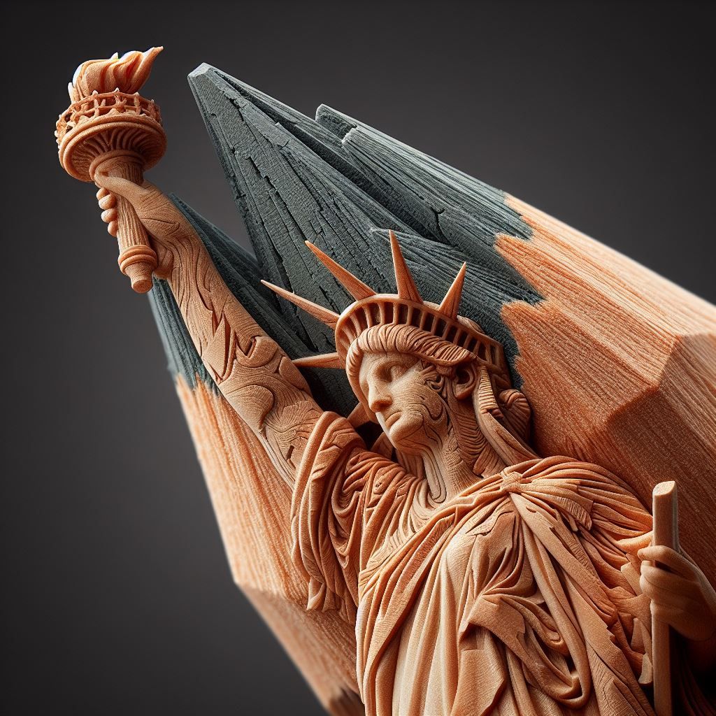 Pencil tip lead micro-carving of the Statue of Liberty