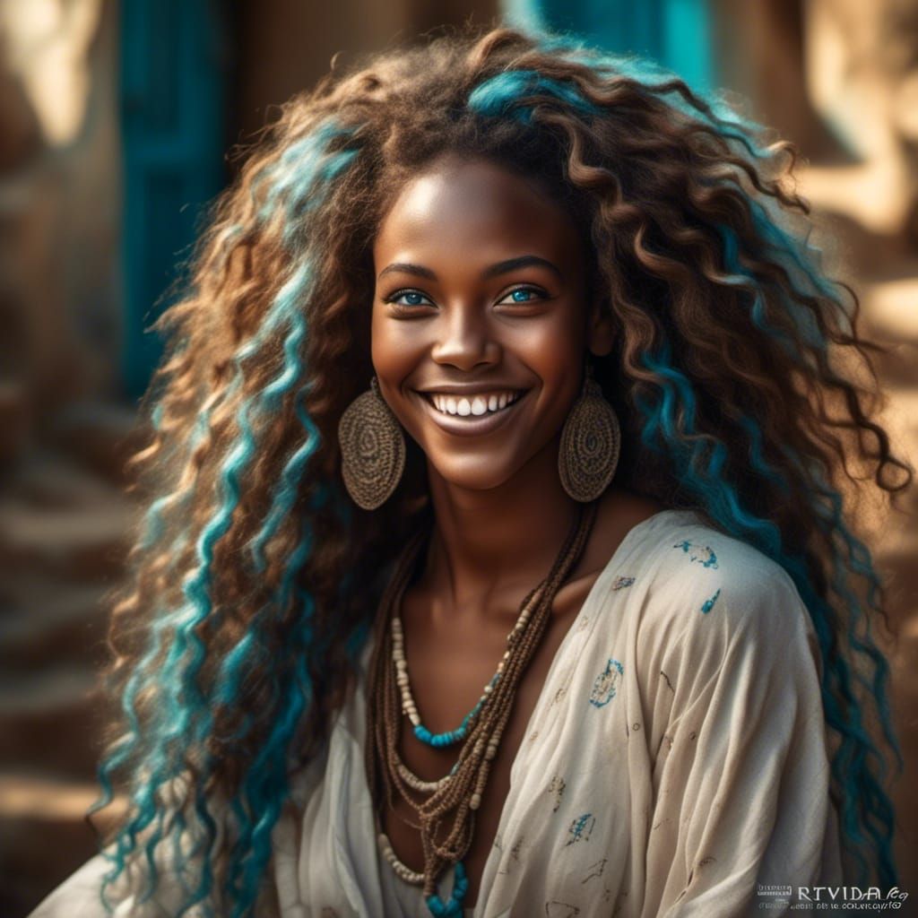portrait of a beautiful black woman bright blue eyes, stunning smile long curly dyed hair a beige white dress silver jewelery<lora:African m...