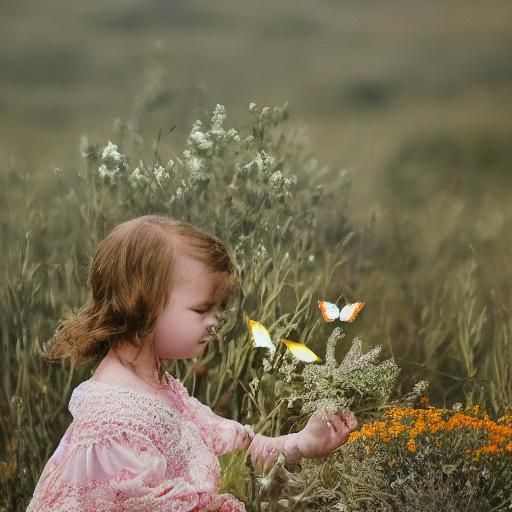 little girl, flowers, a long dirt road, birds, butterflies,