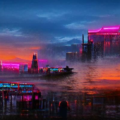 City skyline across the water at sunset