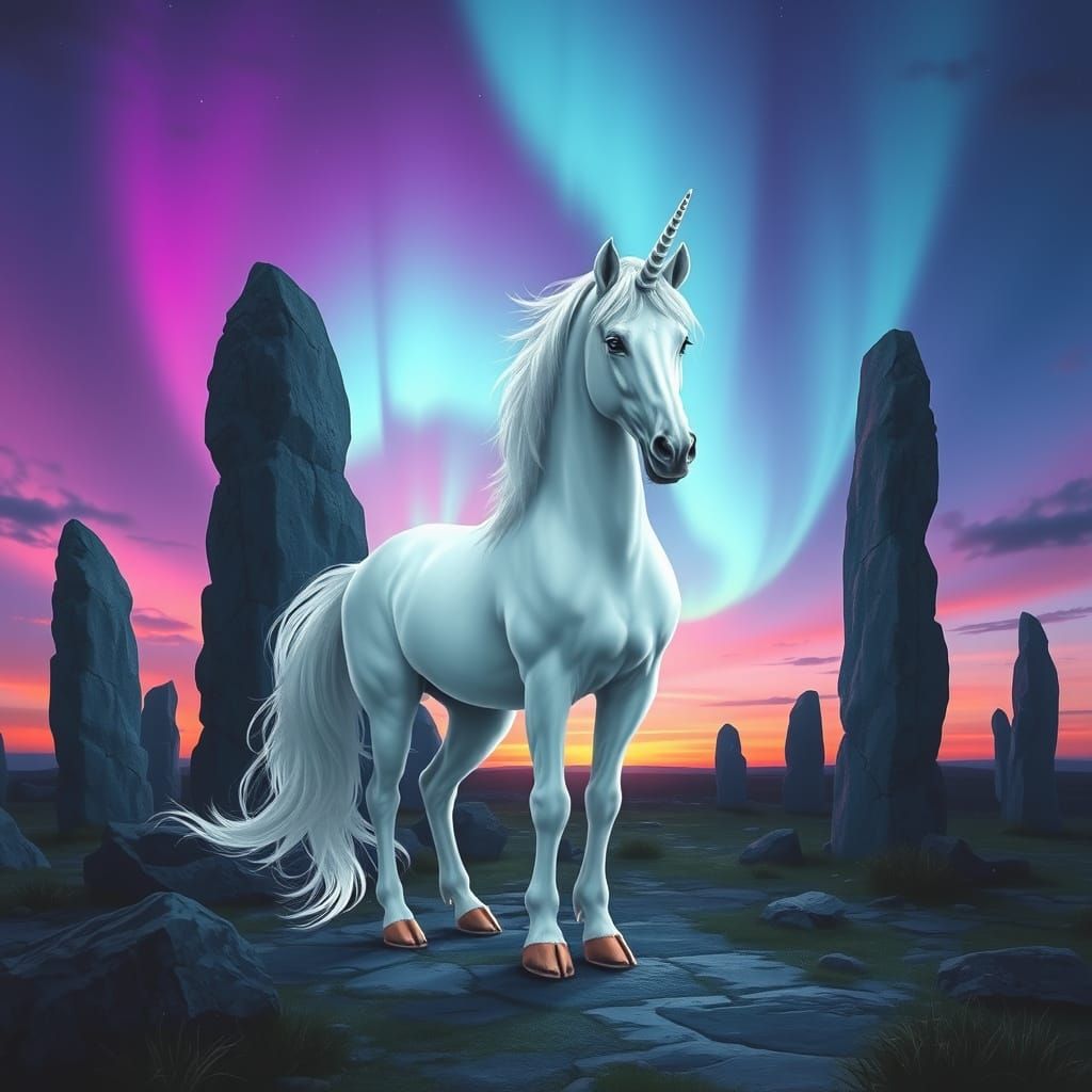 A majestic white unicorn stands among ancient stone monoliths at twilight, bathed in the glow of the northern lights. The sky shimmers with ...