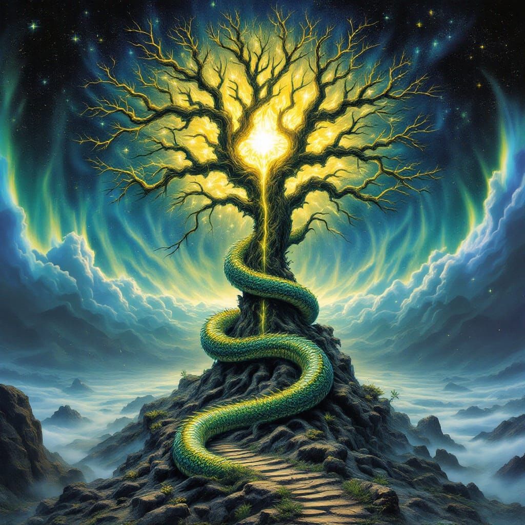Majestic Dragon Coiled Around Yggdrasil Tree in Vibrant Auro...