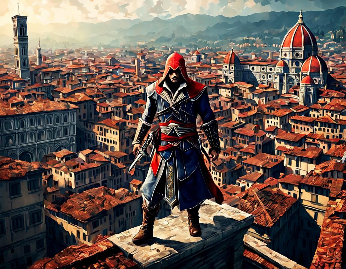 Depict Ezio Auditore da Firenze engaged in a swift parkour m...