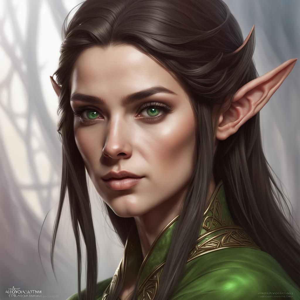 human Woman. dark brown straight hair. green eyes. elven ears. - AI  Generated Artwork - NightCafe Creator