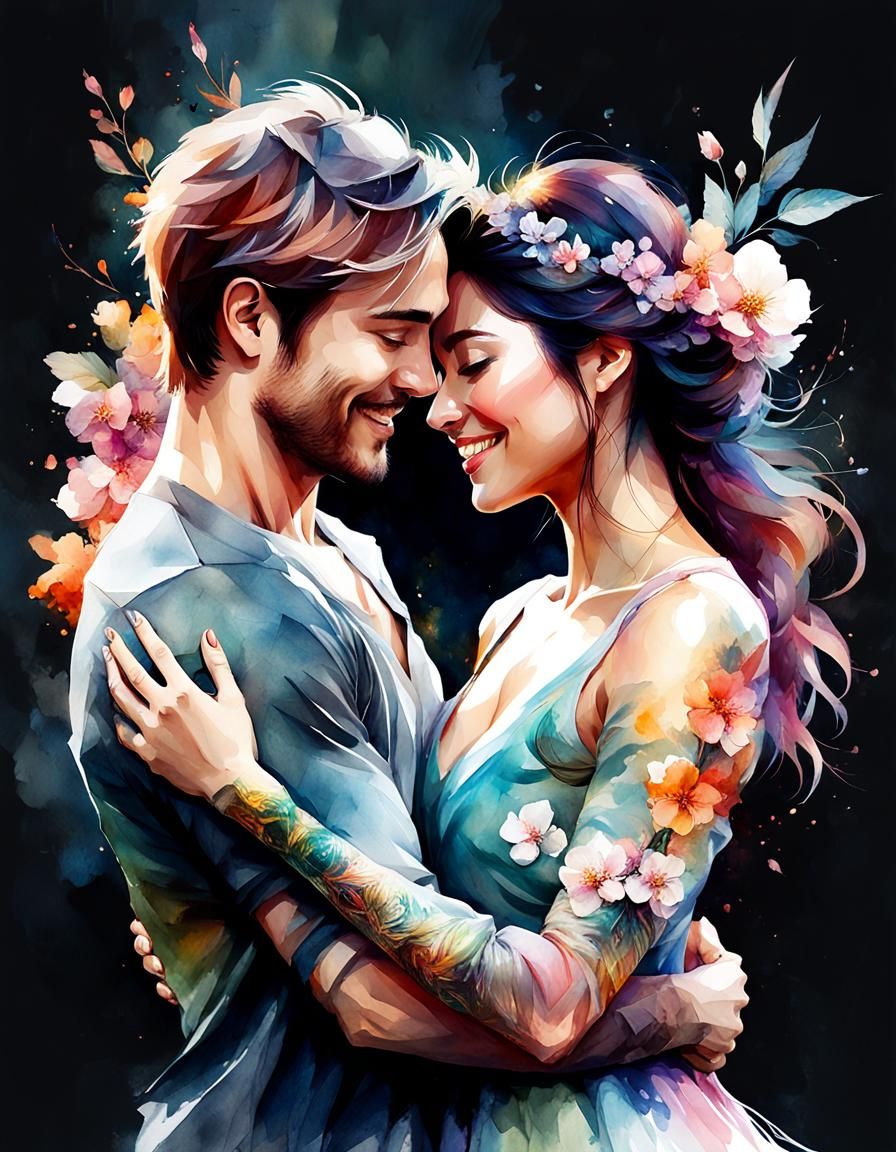 8k resolution Beautiful blossom young couple arm in arm. They are in love ,long exposure Digital watercolor ...  by @Jen