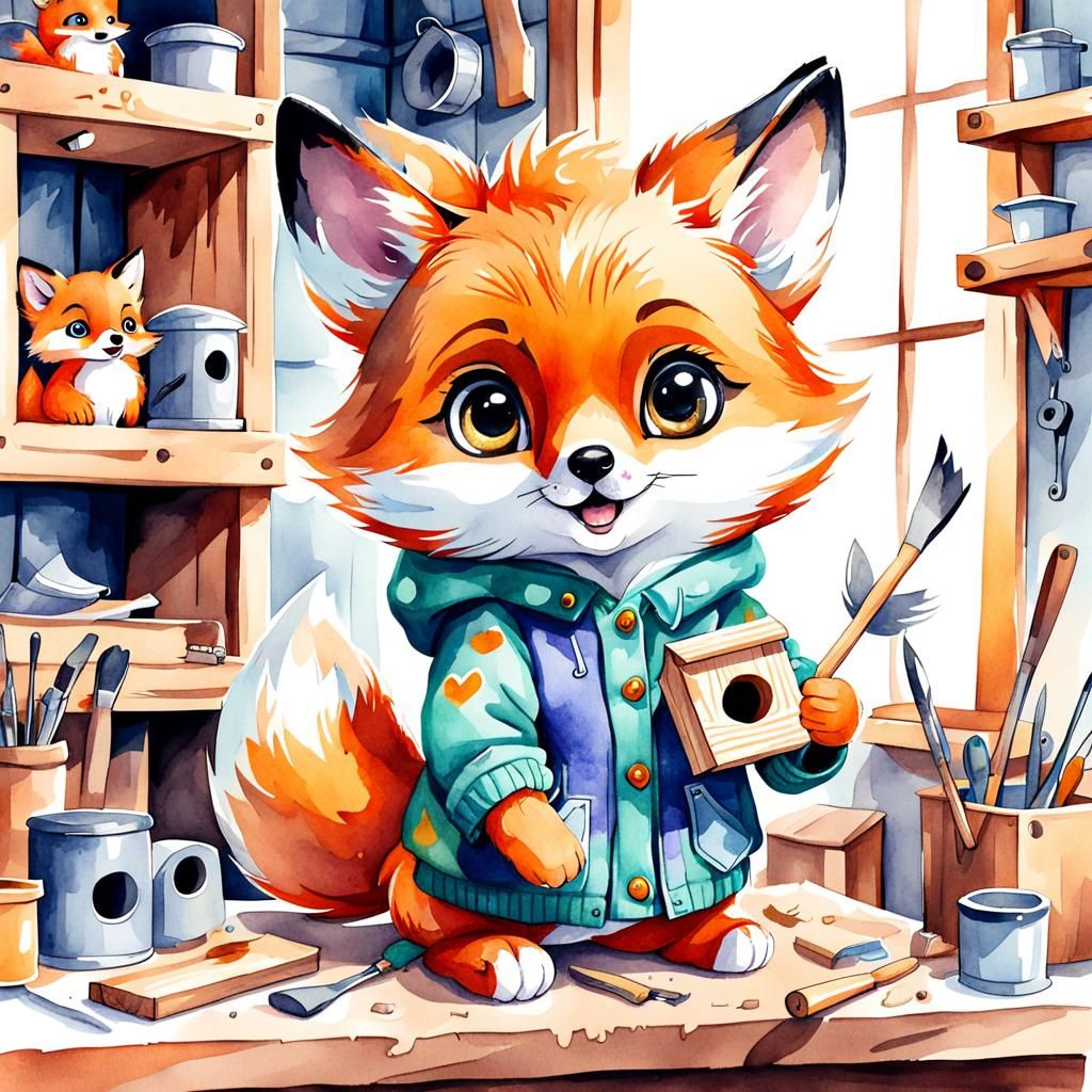 cute joyful fox cub with big eyes in clothes makes a birdhou...