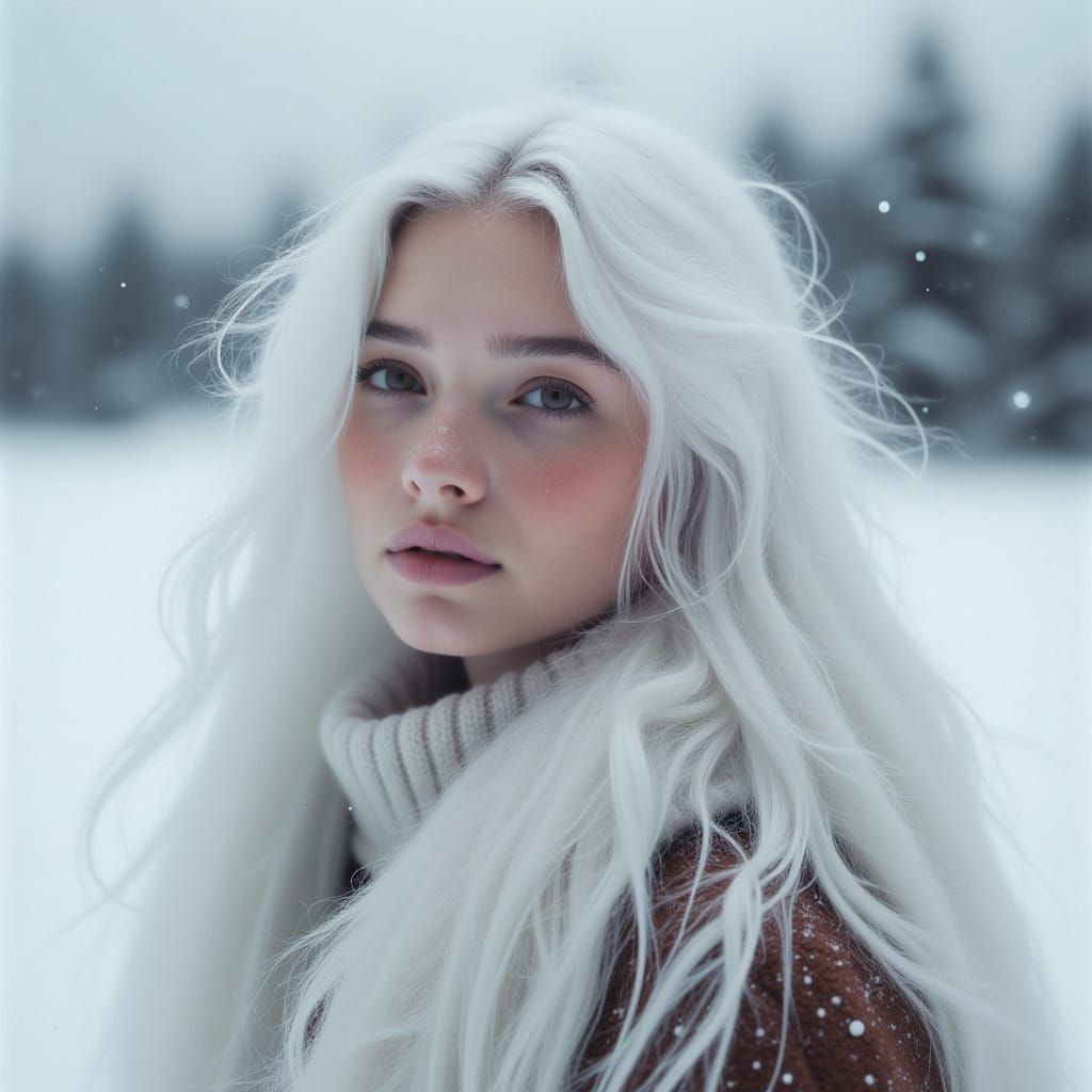 <lora:Blizzard:1.0> Portrait of a young long-haired woman with white hair. in snow landscape.
