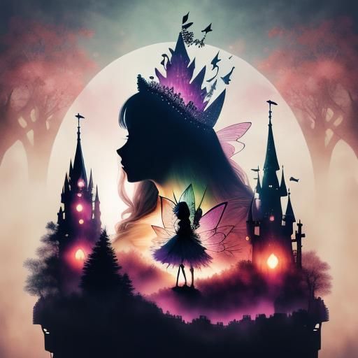 The silhouette double exposure art, Fairy Queen, Magic Castle, Whimsical Forest, Colorful Floral, <lora:ShadowBlend Portrait:1.0>