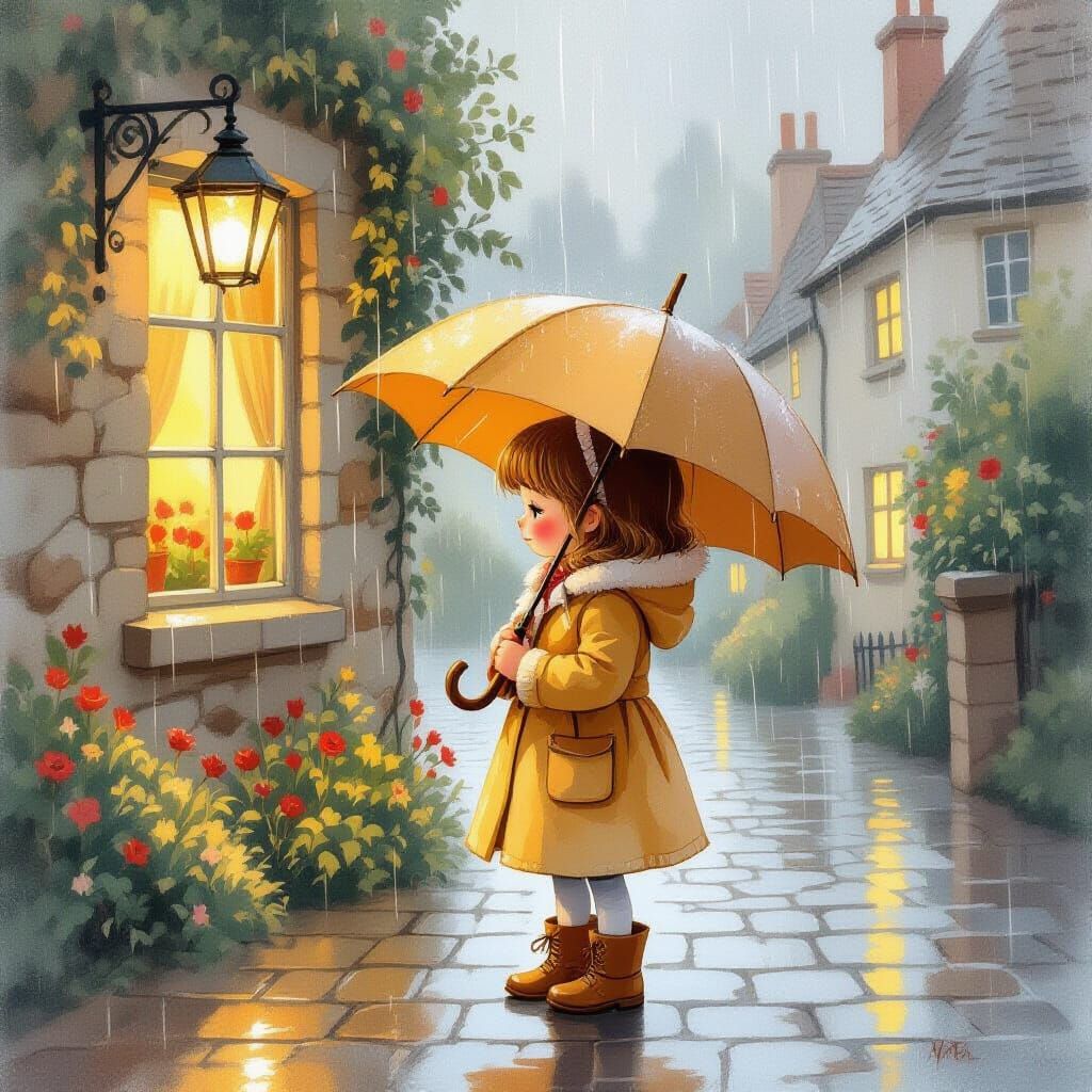 Fairytale Illustration: Girl with Umbrella in Gentle Rain