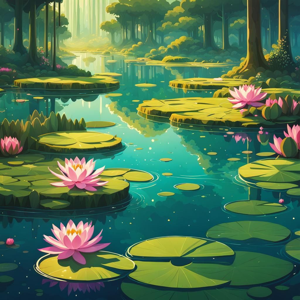 Fantasy Sci-Fi Water Lily Pond Digital Painting