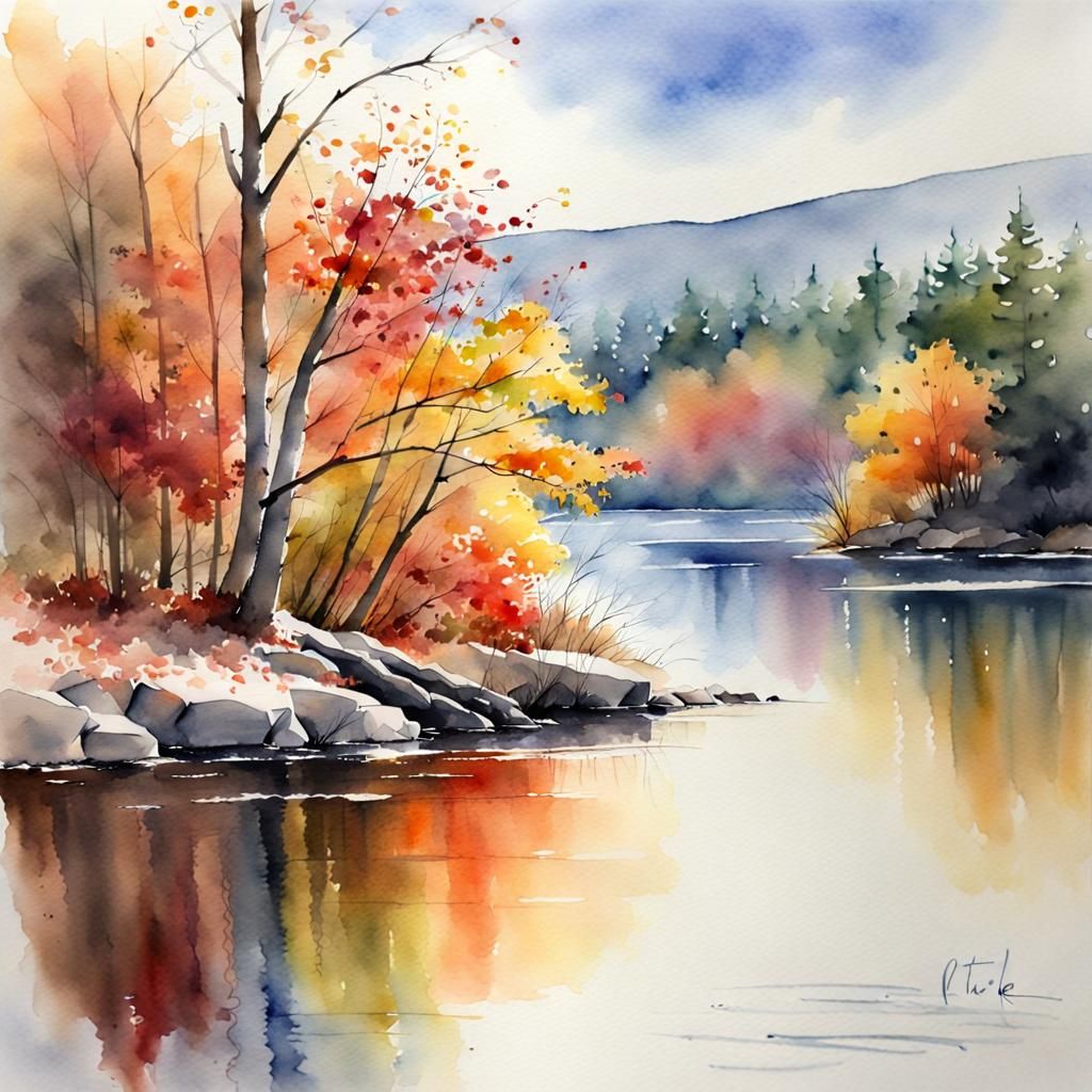 watercolor painting of a beautiful lake in autumn by Nita Engle - AI ...