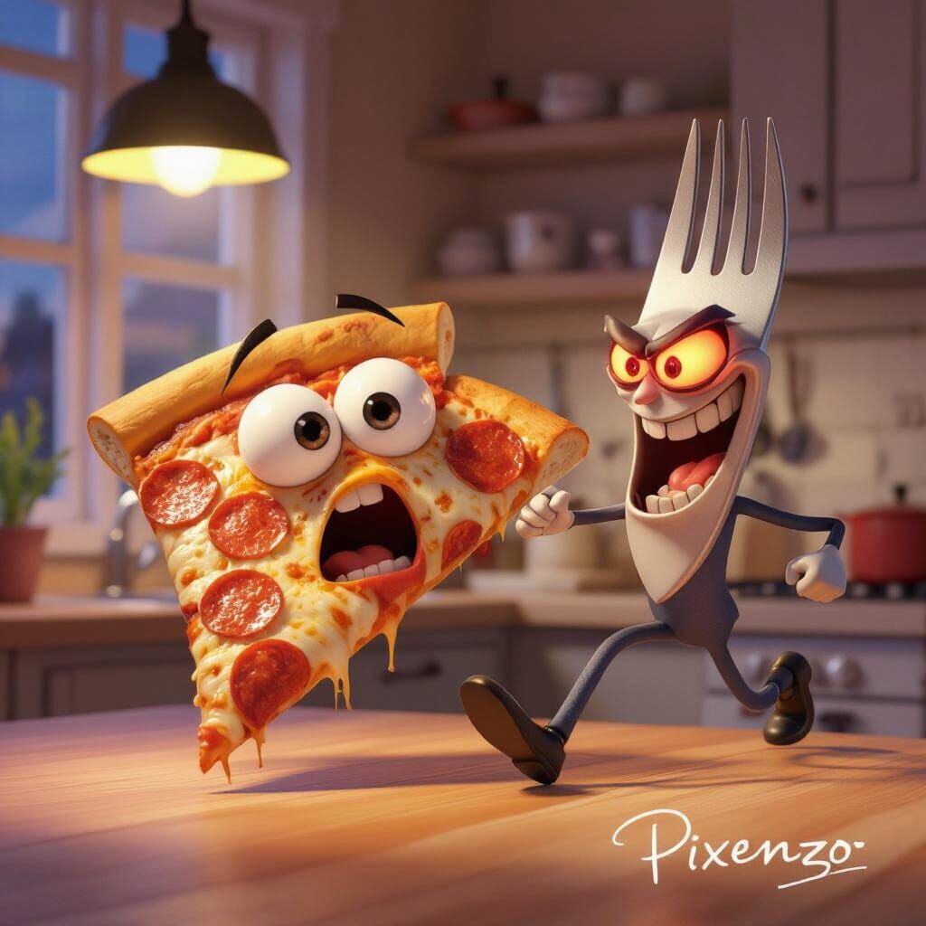 Animated Pizza Escapes Angry Fork in Kitchen
