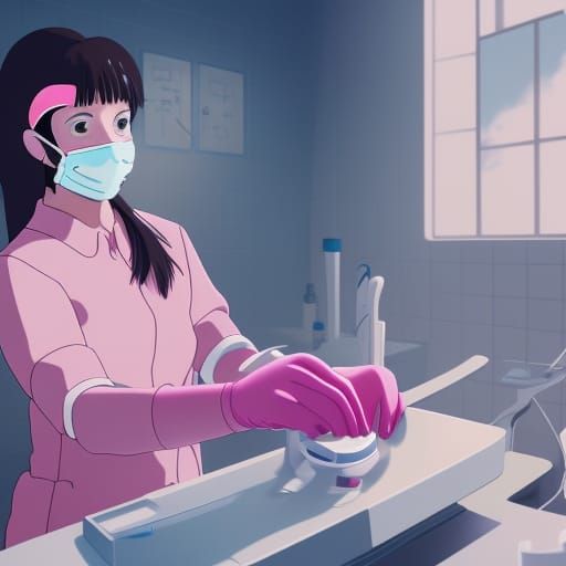 Illustration of a cute female dentist wearing pink gloves in...