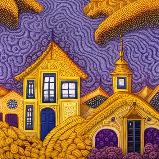 Entire village painted imitating crochet, crochet collage, f...