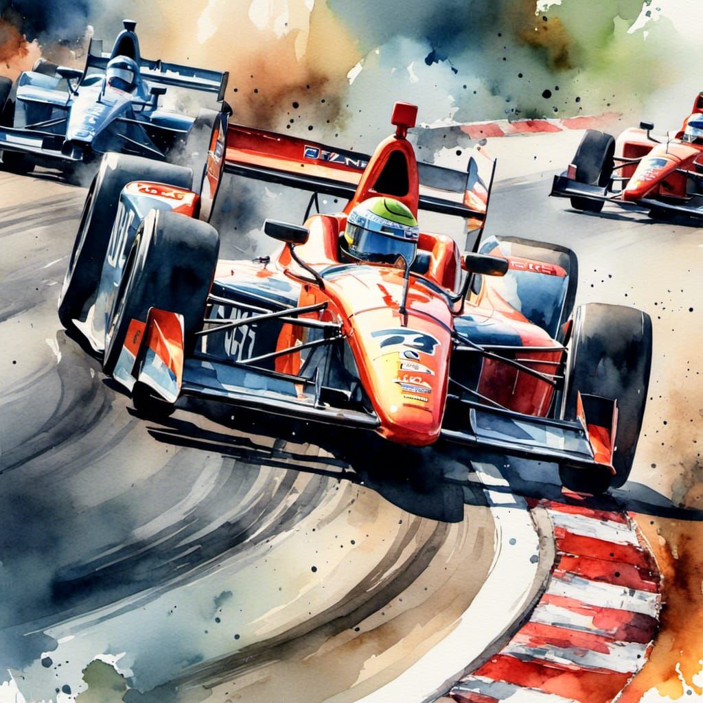 Race cars zooming around a track, hyper detailed digital watercolor illustration, watercolor painting, digital art, smooth, perfect <lora:Mo...