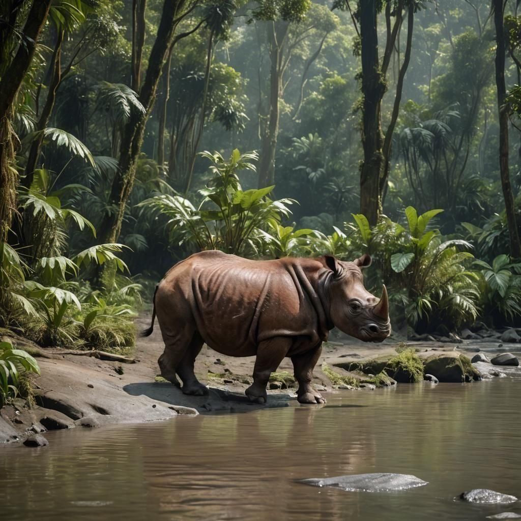 A Sumatran rhinoceros at the edge of a clear jungle river.