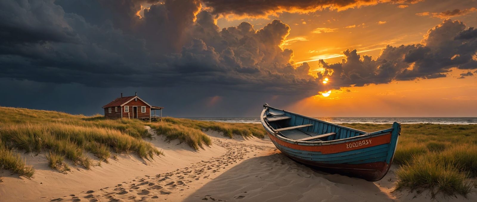 Soviet Realism, an old dory boat on a dune, turned into a little house, faces the sunset, a fierce orange ...  by @Urna Semper