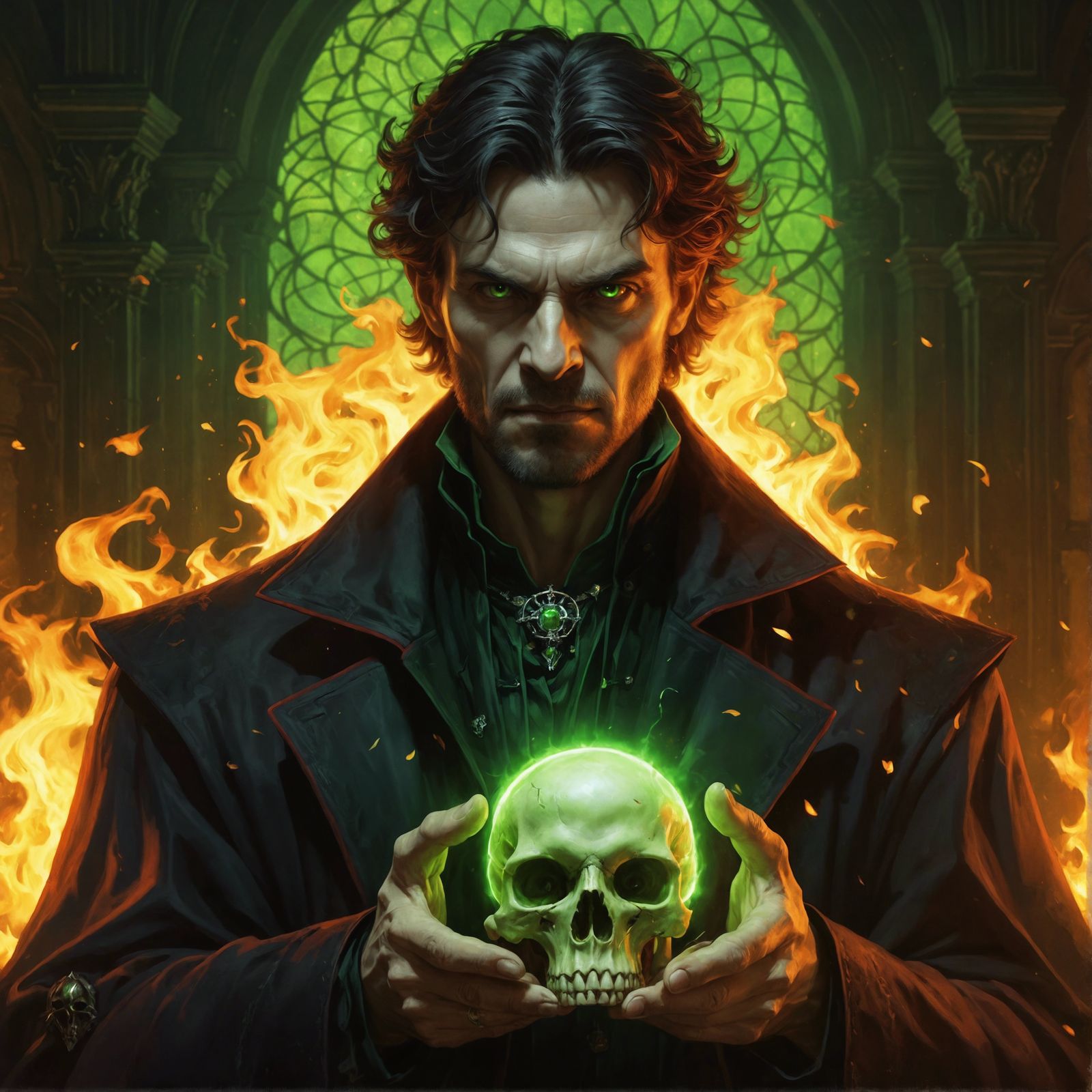 Harry Dresden holding the skull of a vampire with green flames burning in its eye sockets, portrait, 8k resolution conce...