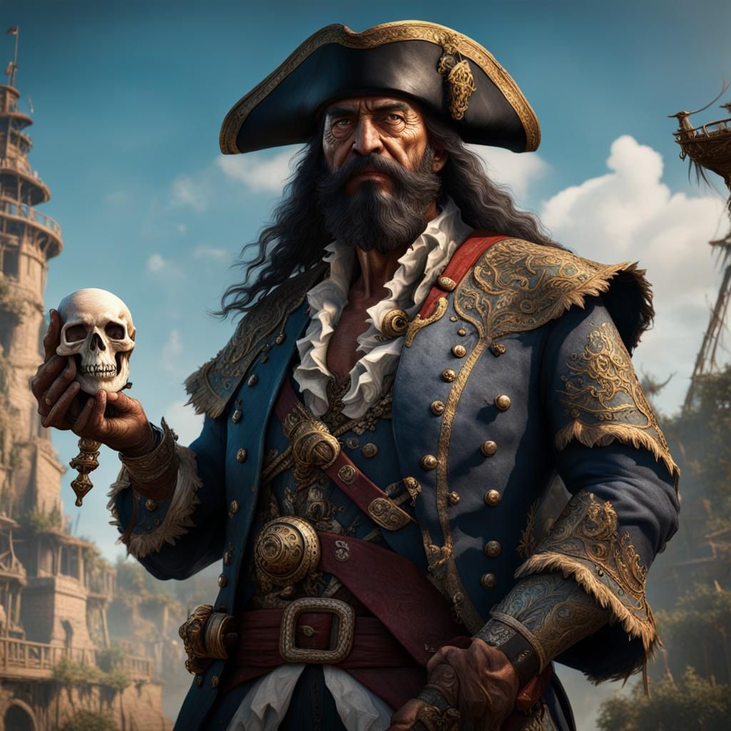 Blackbeard in his most fanciful regalia, posing for a portrait holding ...