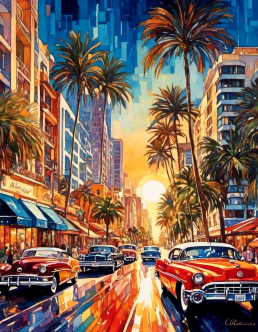 Travel Poster of Miami street scene at sunset<lora:Boho Psyc...