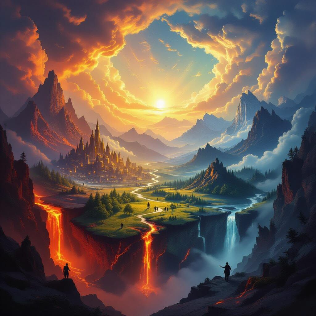 Epic vertical fantasy artwork of three realms seamlessly connected