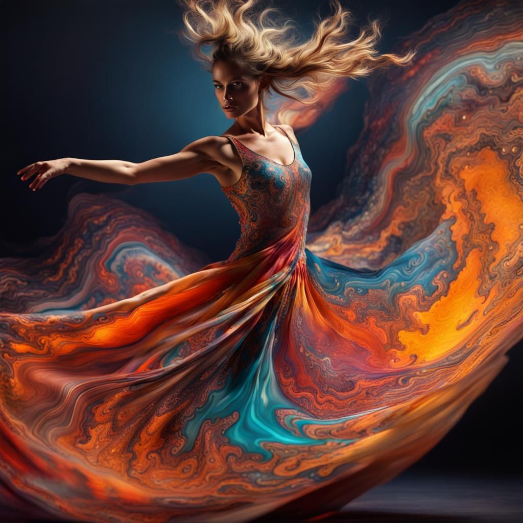 Epic Dancer captured mid-twirl, intricate fractal colorful patterns by ...