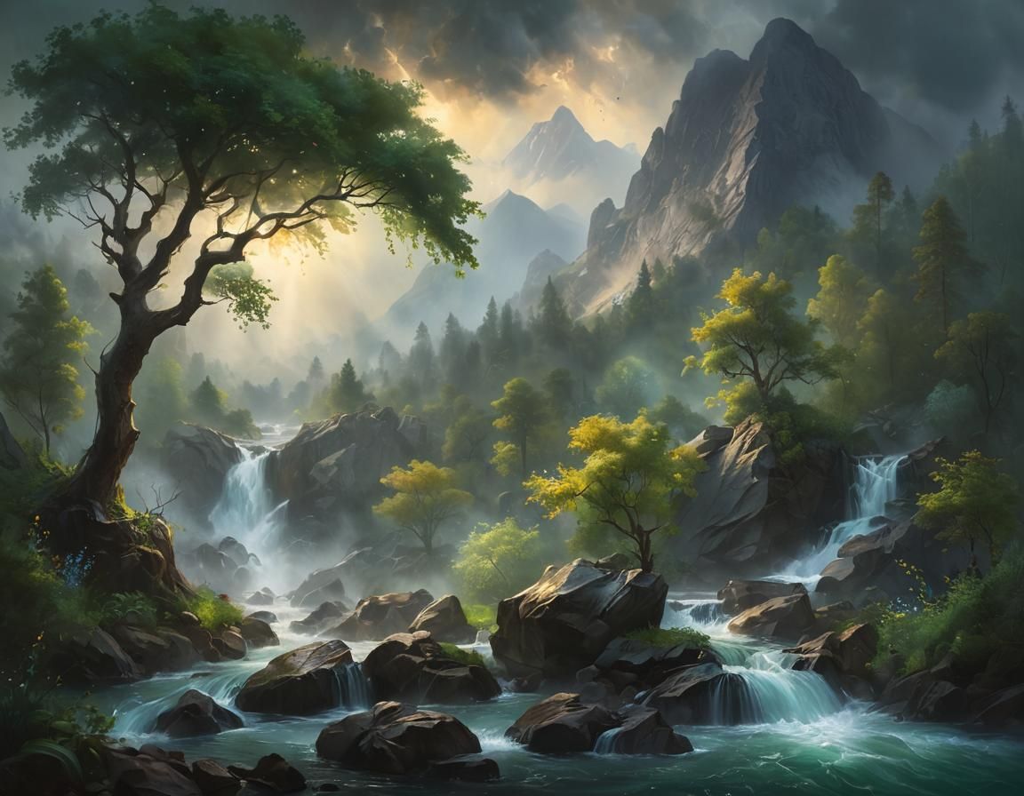 Mountain Waterfall, Oil Painting Vibrant Colourful Landscape, Dark Moody Sky, tree with jeweled leaves,  fantasy art, amazing,  breathtaking...