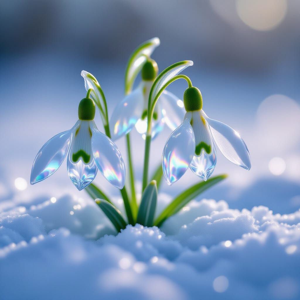 Hyper-realistic macro photograph, ultra-detailed, 8K resolution.
An elegant ice sculpture shaped like delicate snowdrop flowers, captured in...