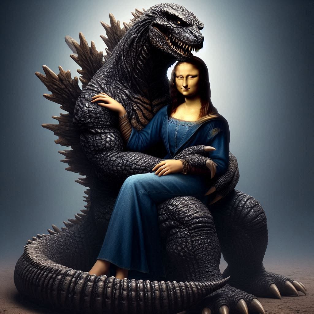 Mona Lisa and Godzilla: A Surreal Embrace