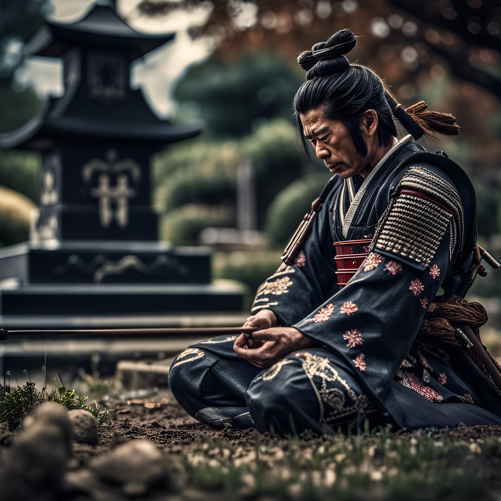 a samurai praying in front of his friend's grave while crying and sitting on the ground planting a katana ...  by @Tiredman