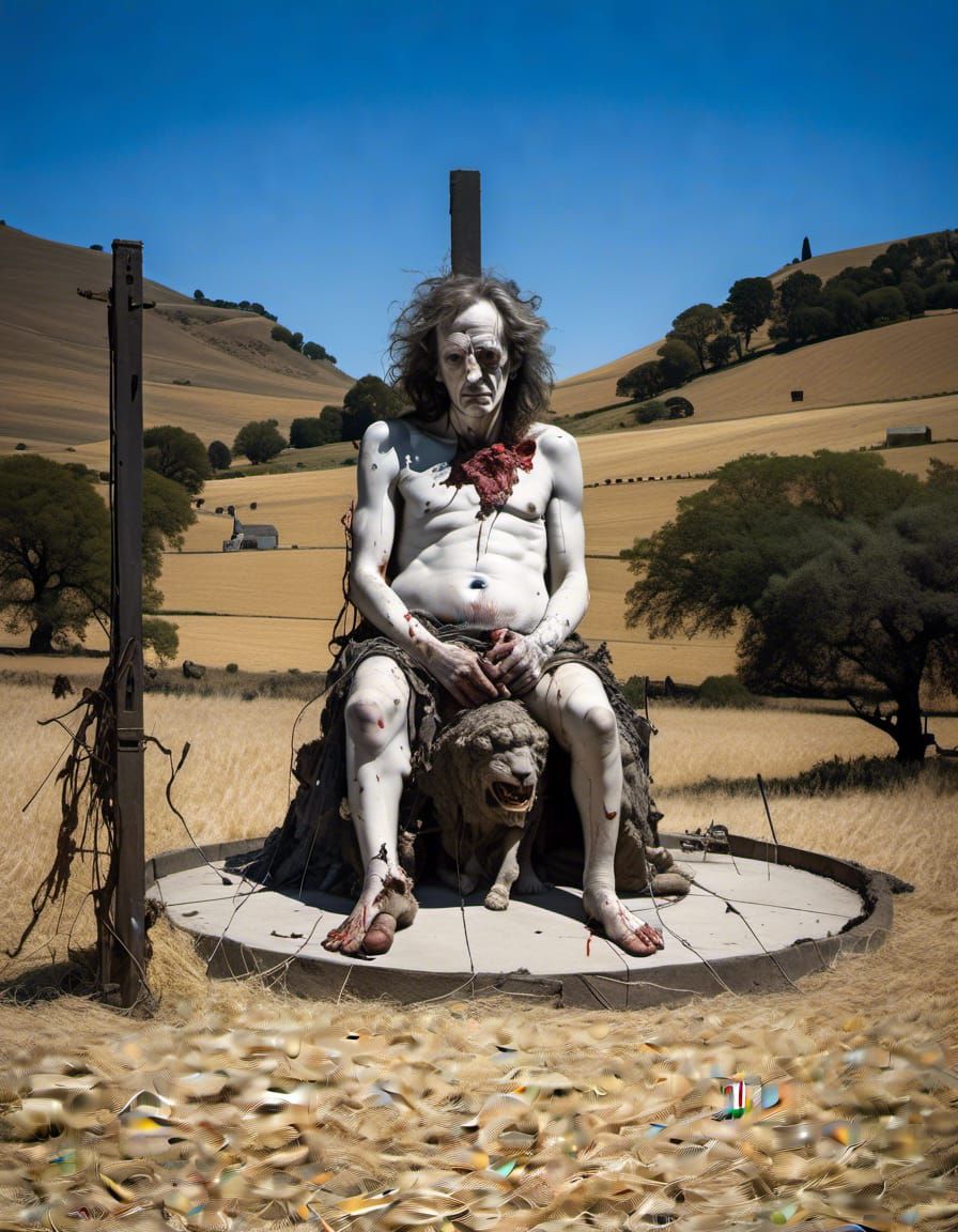 Surreal Shepherd Landscape with Lions and Rainbows