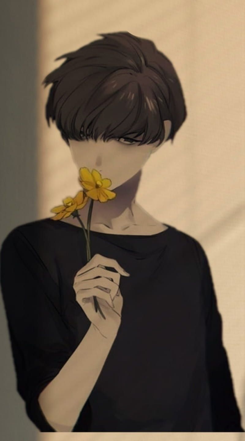 Shy anime boy holding flowers