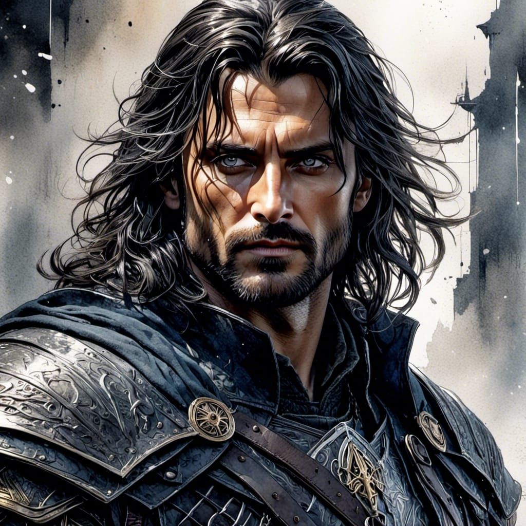 <lora:CUD-Male:1.0> <lora:sketchyv2:1.0> waist up portrait Gorgeous dark male pin up aragorn with attractive outfit, detailed armour and wil...