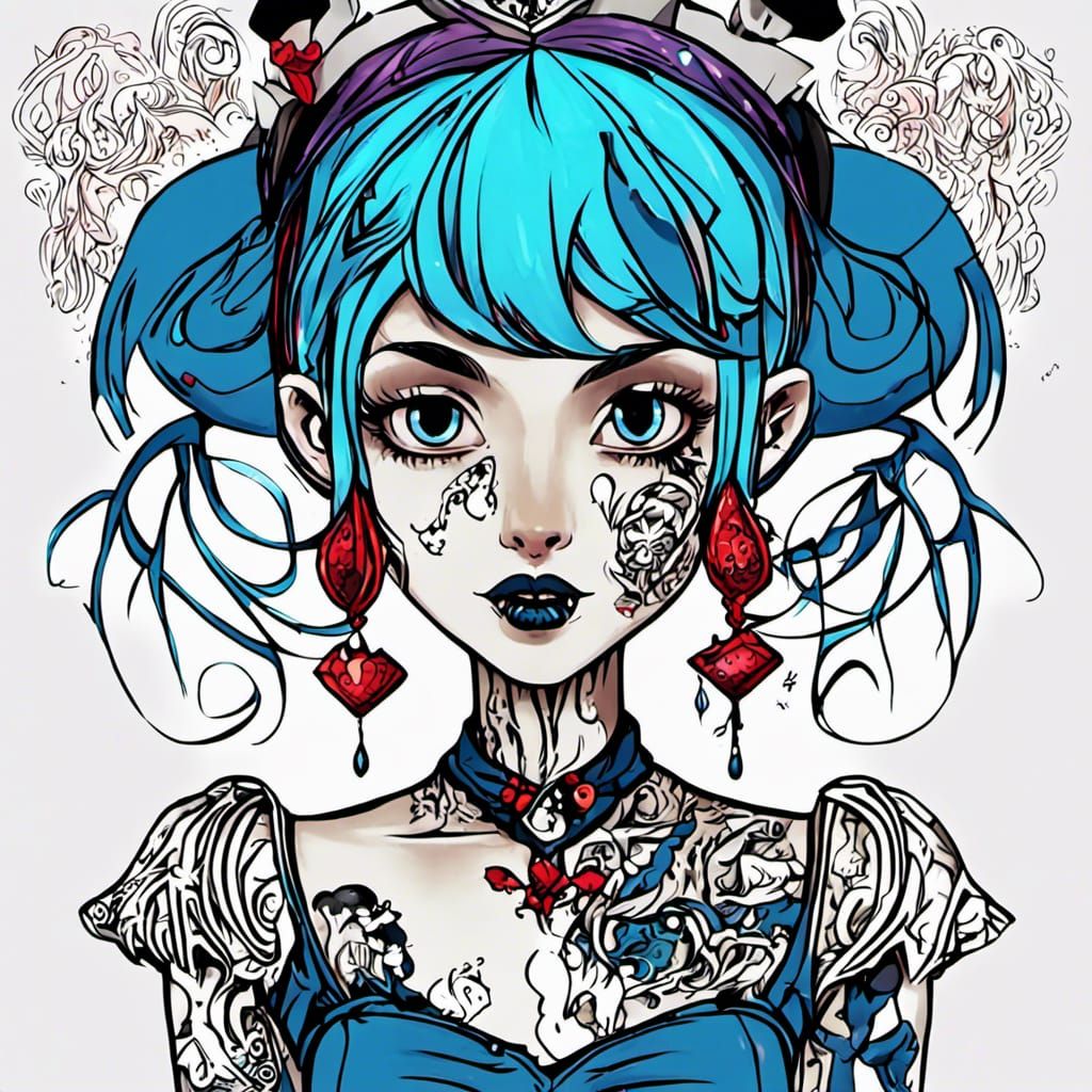 goth, emo, alice from alice in wonderland, wearing a skimpy blue dress with  white stockings, she has tons of vibrant psychodelic tattoos, vi... - AI  Generated Artwork - NightCafe Creator