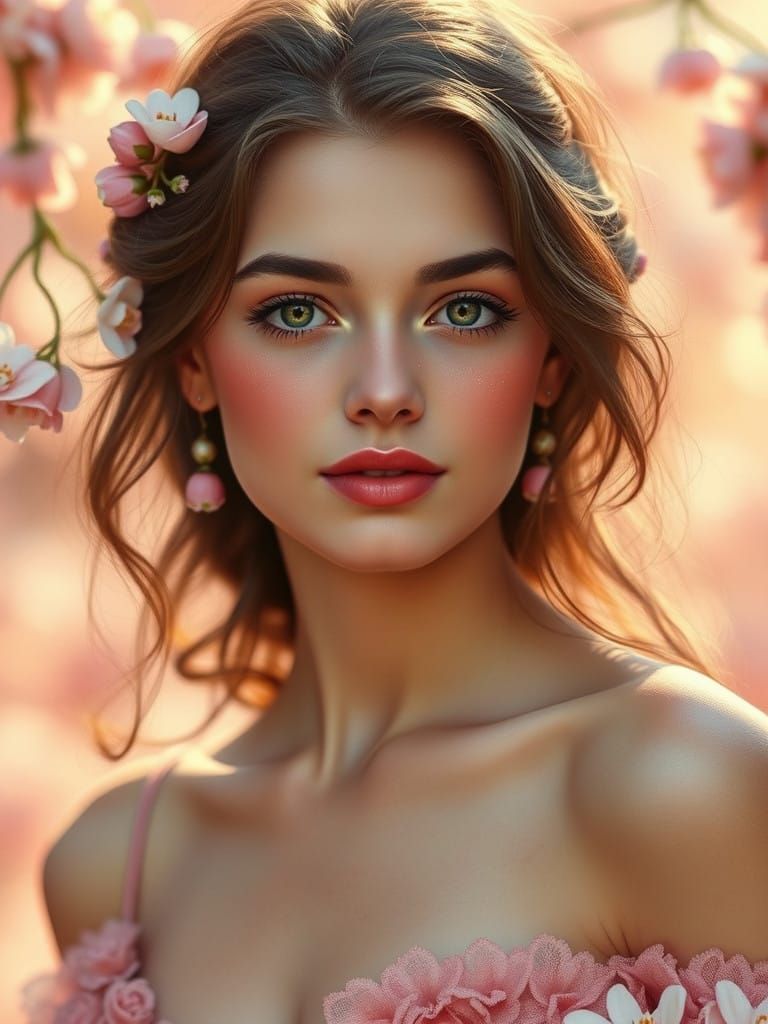 Romantic Portrait of a Young Woman Surrounded by Cherry Blos...