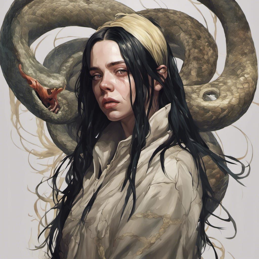billie eilish with black hair strangled by a snake AI Generated