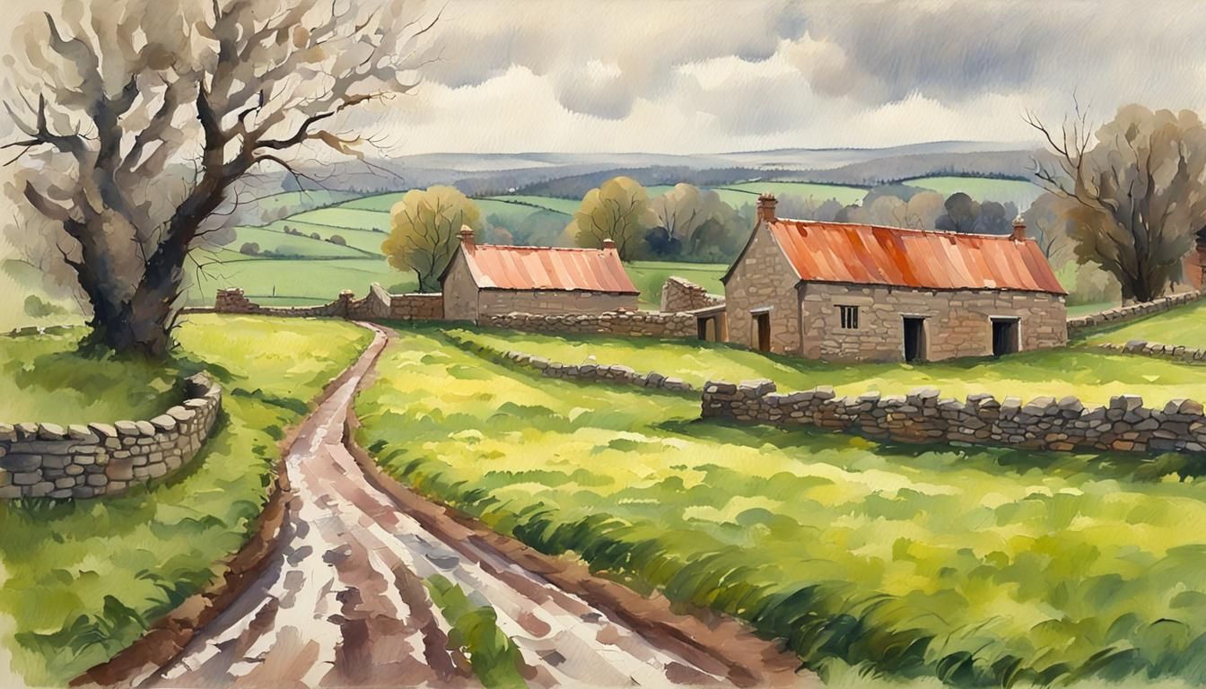 Spring, a rainy Yorkshire landscape of a small farm with stone buildings and field walls